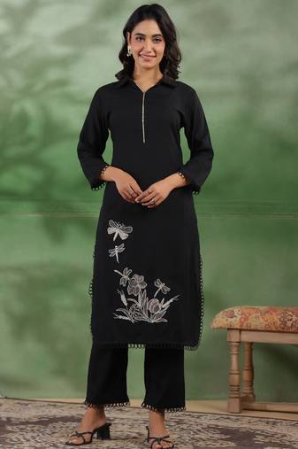 jade black embroidered cotton kurta sets