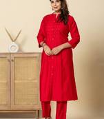 Crimson red embroidered cotton kurta sets