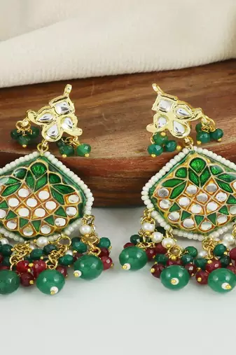 Kundan pearl ruby green onyx earrings