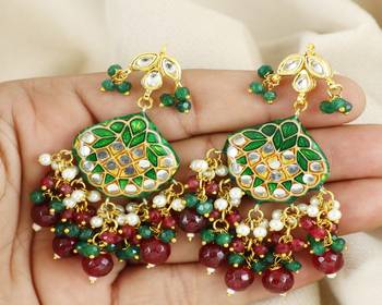Kundan pearl ruby green onyx earrings 1