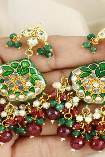 Kundan pearl ruby green onyx earrings