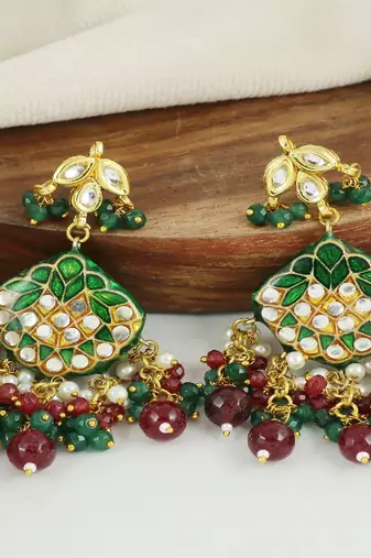 Kundan pearl ruby green onyx earrings