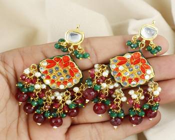 Kundan pearl ruby green onyx earrings 1