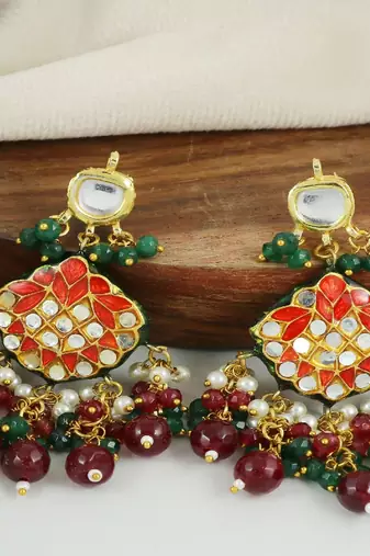 Kundan pearl ruby green onyx earrings