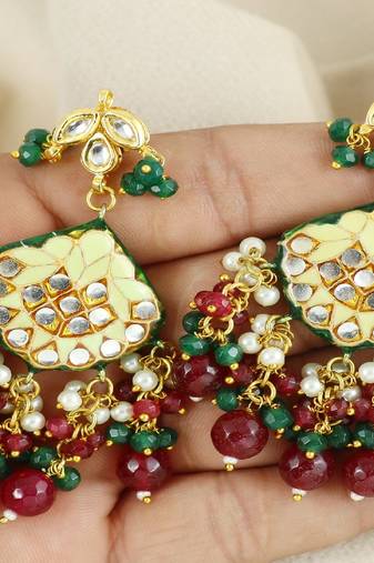 Kundan pearl ruby green onyx earrings