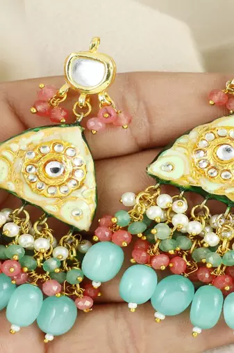 Kundan pearl rose quartz earrings
