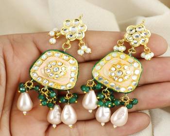 Kundan pearl green onyx earrings 1