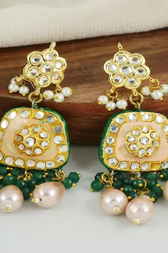 Kundan pearl green onyx earrings