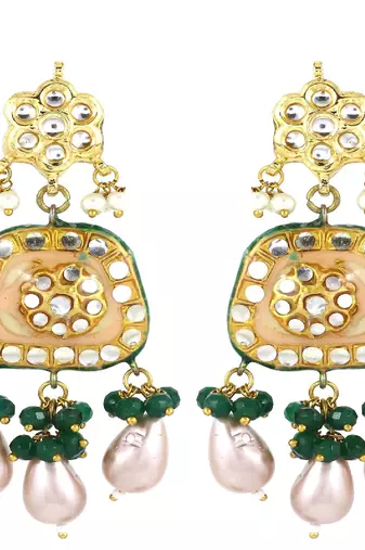 Kundan pearl green onyx earrings