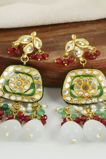 Kundan pearl ruby green quartz earrings