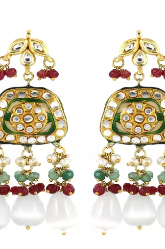 Kundan pearl ruby green quartz earrings