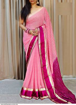 Pink Zari Weaving Georgette Viscose Saree 1