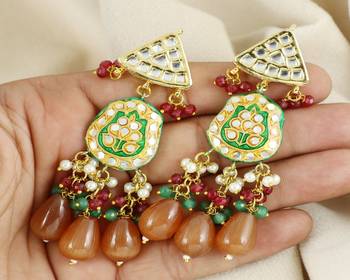Kundan pearl ruby green onyx earrings 2