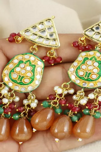 Kundan pearl ruby green onyx earrings