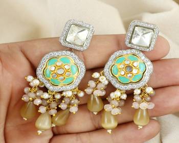 Polki zircon pearl rose quartz earrings 1