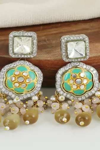 Polki zircon pearl rose quartz earrings