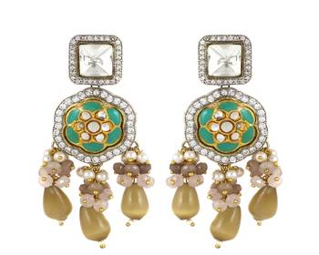 Polki zircon pearl rose quartz earrings 3