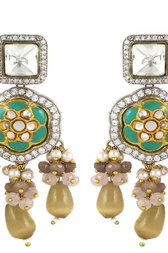 Polki zircon pearl rose quartz earrings