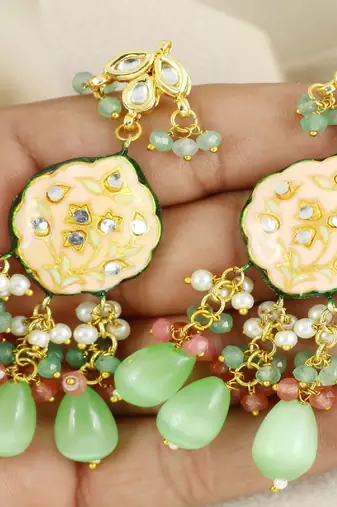 Kundan pearl green quartz earrings