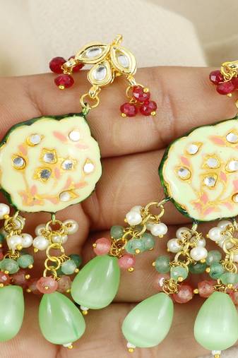 Kundan pearl ruby green quartz earrings