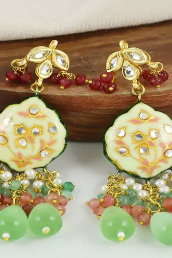 Kundan pearl ruby green quartz earrings