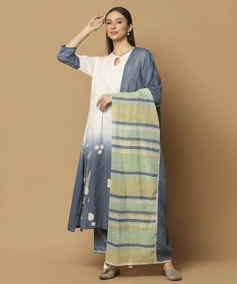Denim blue and white plain cotton kurta-set 1
