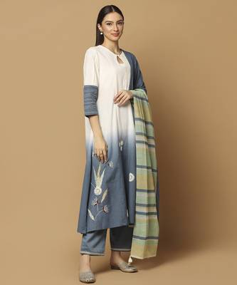 Denim blue and white plain cotton kurta-set 3