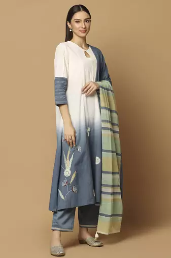 Denim blue and white plain cotton kurta-set