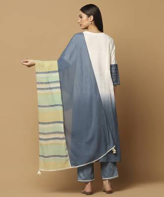 Denim blue and white plain cotton kurta-set 4