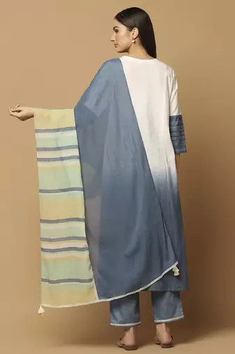 Denim blue and white plain cotton kurta-set