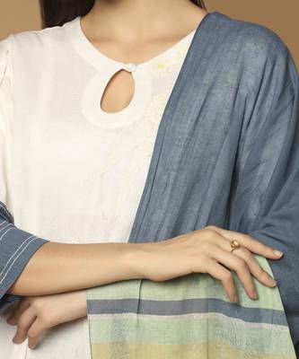 Denim blue and white plain cotton kurta-set 5