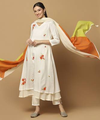 White floral embroidered cotton kurta-set 1