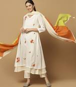 White floral embroidered cotton kurta-set