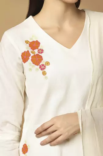 White floral embroidered cotton kurta-set