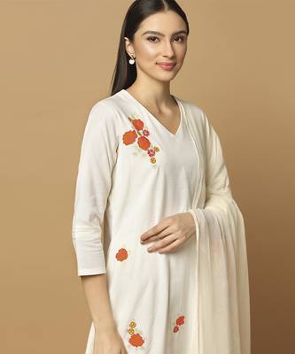 White floral embroidered cotton kurta-set 3