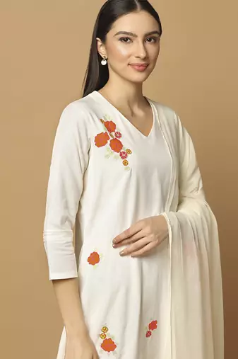 White floral embroidered cotton kurta-set