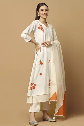 White floral embroidered cotton kurta-set