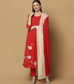 Red floral embroidered cotton kurta-set