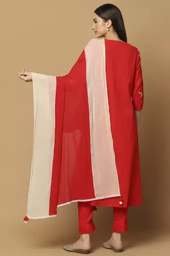 Red floral embroidered cotton kurta-set