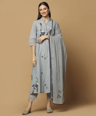 Grey floral embroidered cotton kurta-set 1