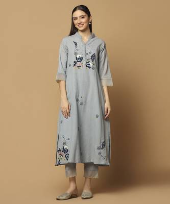 Grey floral embroidered cotton kurta-set 2