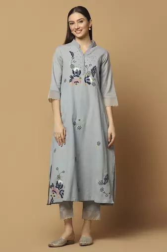 Grey floral embroidered cotton kurta-set