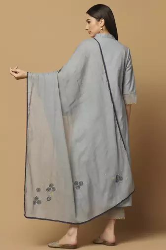 Grey floral embroidered cotton kurta-set