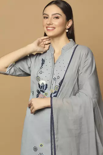 Grey floral embroidered cotton kurta-set