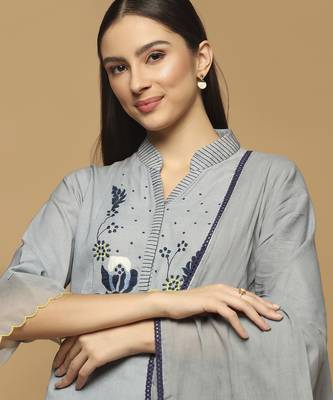 Grey floral embroidered cotton kurta-set 5