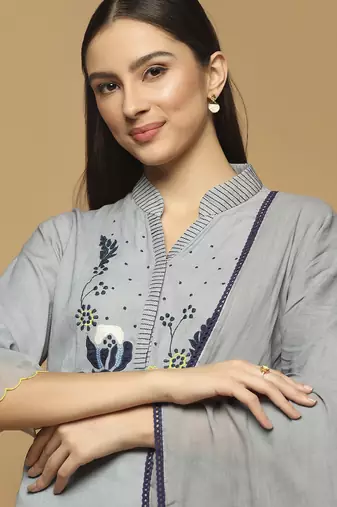 Grey floral embroidered cotton kurta-set