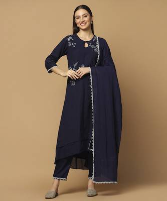 Navy blue floral embroidered cotton kurta-set 1