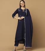 Navy blue floral embroidered cotton kurta-set