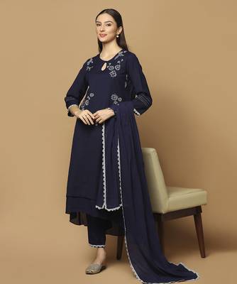 Navy blue floral embroidered cotton kurta-set 2