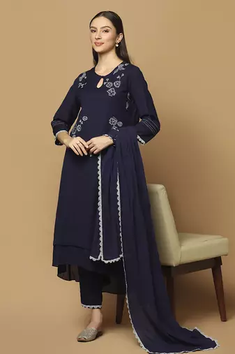 Navy blue floral embroidered cotton kurta-set